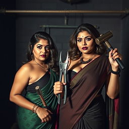 In an interrogation dungeon setting, two alluring women dressed in enticing sarees are present