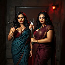 In an interrogation dungeon setting, two alluring women dressed in enticing sarees are present