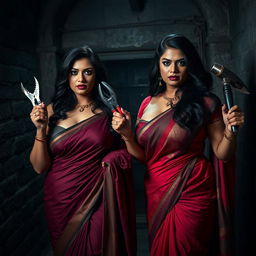 In an interrogation dungeon setting, two alluring women dressed in enticing sarees are present