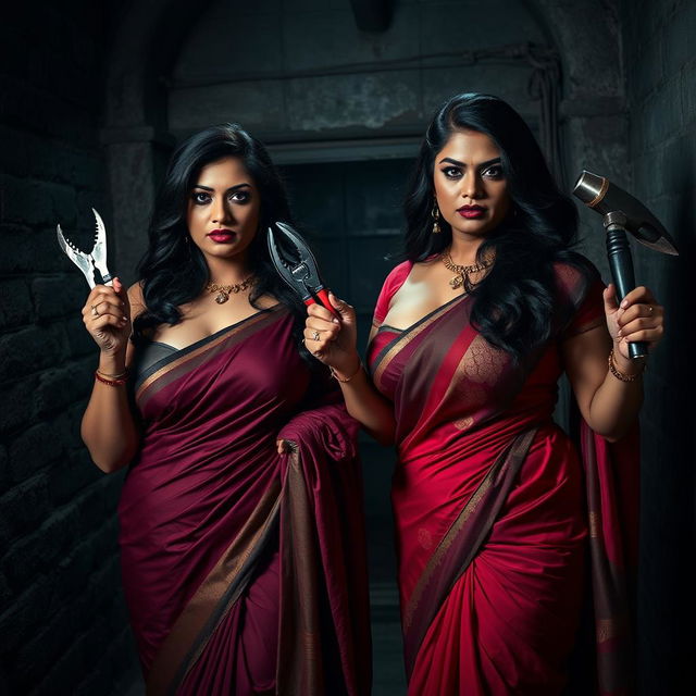 In an interrogation dungeon setting, two alluring women dressed in enticing sarees are present