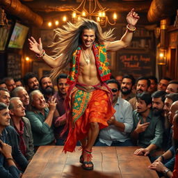 A pretty tanned man with long flowing hair, dressed in vibrant and bright-colored clothes complemented by an assortment of exquisite jewelry