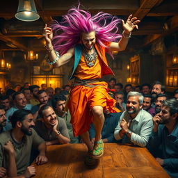 An androgynous man with long flowing hair, dressed in bright, colorful clothes and adorned with sparkling jewellery, joyfully dancing atop a wooden table in a lively tavern