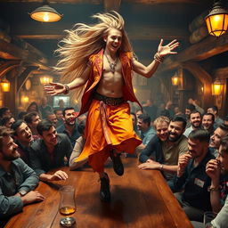 An androgynous man with long flowing hair, dressed in bright, colorful clothes and adorned with sparkling jewellery, joyfully dancing atop a wooden table in a lively tavern