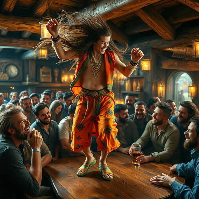 An androgynous man with long flowing hair, dressed in bright, colorful clothes and adorned with sparkling jewellery, joyfully dancing atop a wooden table in a lively tavern