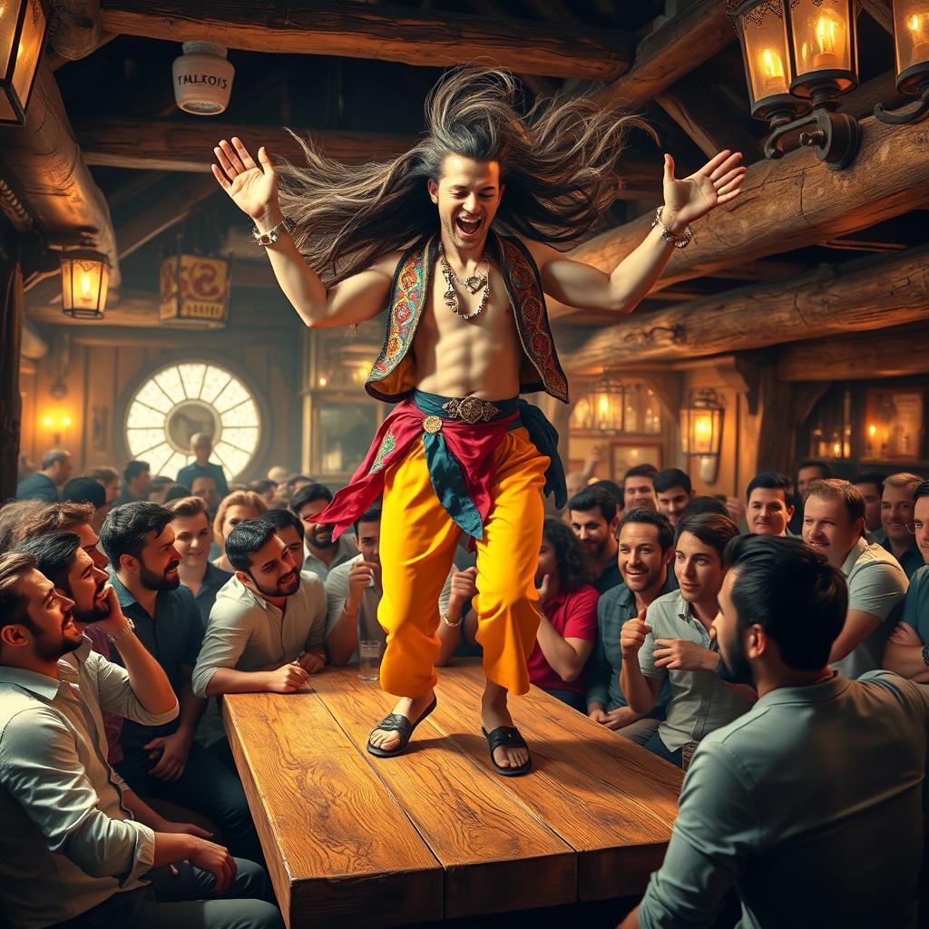 An androgynous man with long flowing hair, dressed in bright, colorful clothes and adorned with sparkling jewellery, joyfully dancing atop a wooden table in a lively tavern