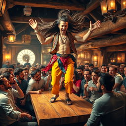 An androgynous man with long flowing hair, dressed in bright, colorful clothes and adorned with sparkling jewellery, joyfully dancing atop a wooden table in a lively tavern