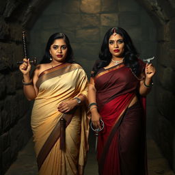In an atmospheric interrogation dungeon, two enticing women dressed in beautiful sarees stand confidently