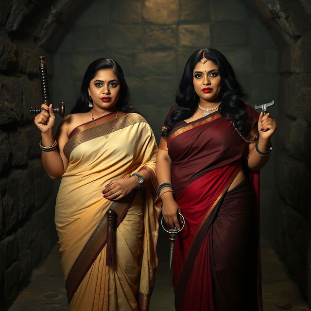 In an atmospheric interrogation dungeon, two enticing women dressed in beautiful sarees stand confidently