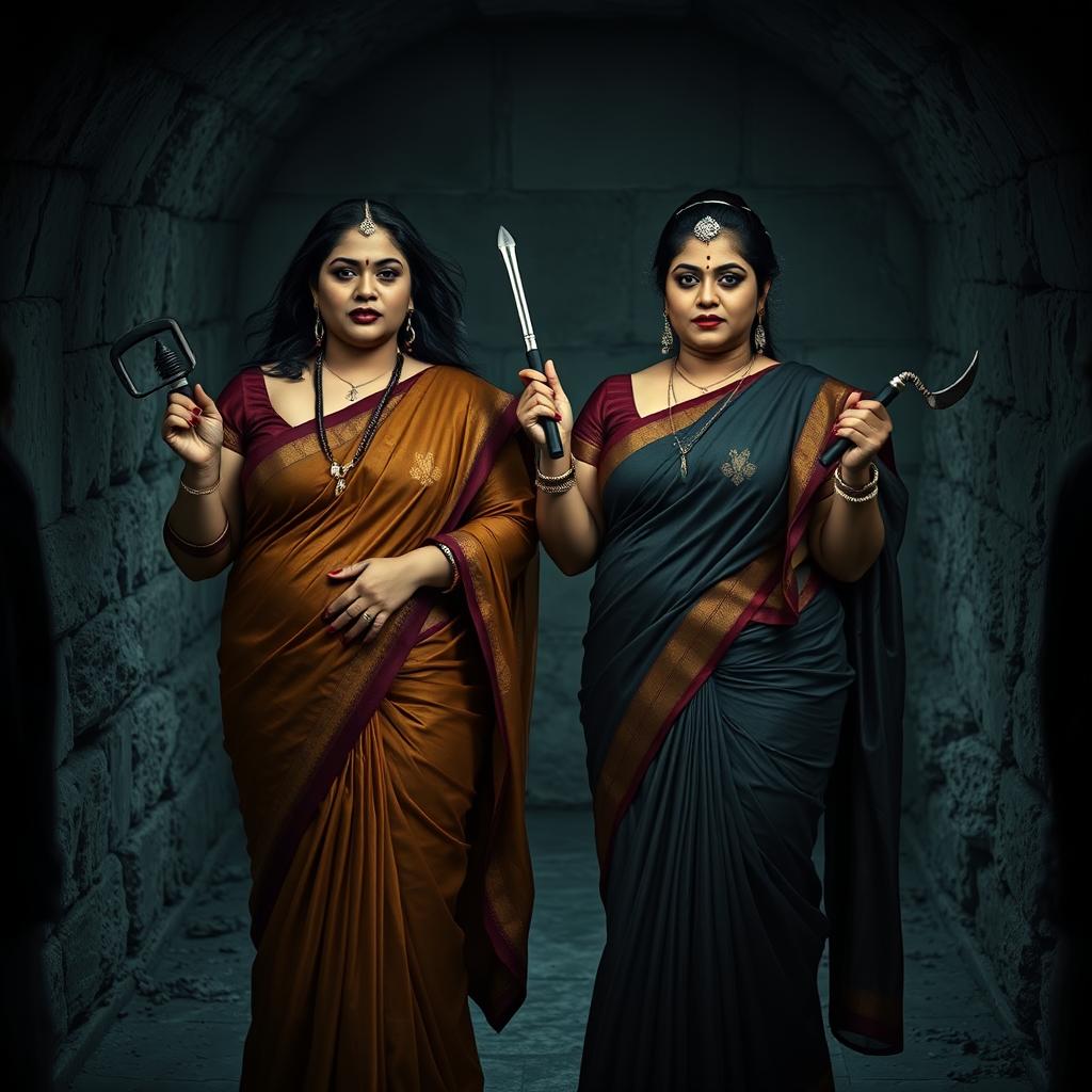 In an atmospheric interrogation dungeon, two enticing women dressed in beautiful sarees stand confidently