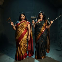 In an atmospheric interrogation dungeon, two enticing women dressed in beautiful sarees stand confidently