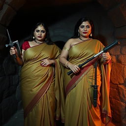 In an atmospheric interrogation dungeon, two enticing women dressed in beautiful sarees stand confidently