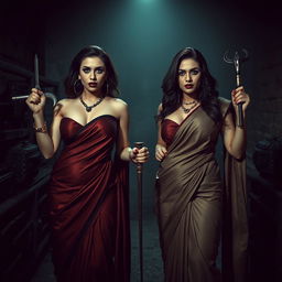 In a suspenseful interrogation dungeon, two attractive women in elegant sarees embody power and seduction