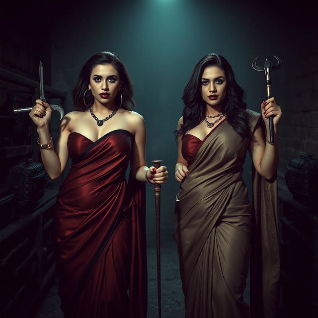 In a suspenseful interrogation dungeon, two attractive women in elegant sarees embody power and seduction