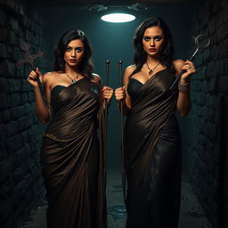 In a suspenseful interrogation dungeon, two attractive women in elegant sarees embody power and seduction