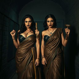 In a suspenseful interrogation dungeon, two attractive women in elegant sarees embody power and seduction