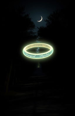 A glowing bracelet floating above a forest pathway, illuminating the dark path with its light