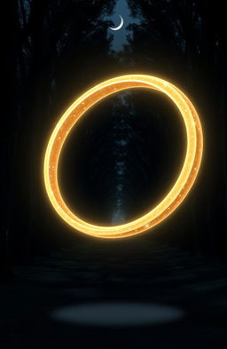 A glowing bracelet floating above a forest pathway, illuminating the dark path with its light