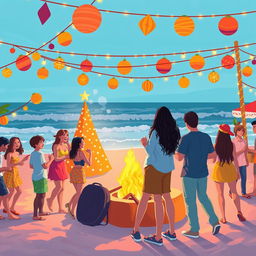 A vibrant and romantic illustration capturing a university festival scene, blending elements of Festa Junina and a beach setting during Christmas