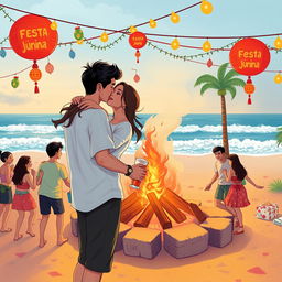 A vibrant and romantic illustration capturing a university festival scene, blending elements of Festa Junina and a beach setting during Christmas