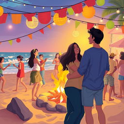 A vibrant and romantic illustration capturing a university festival scene, blending elements of Festa Junina and a beach setting during Christmas