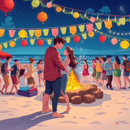 A vibrant and romantic illustration capturing a university festival scene, blending elements of Festa Junina and a beach setting during Christmas