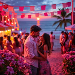 A vibrant and festive scene depicting a university party celebrating Festa Junina at a beach
