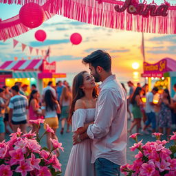 A vibrant and festive scene depicting a university party celebrating Festa Junina at a beach