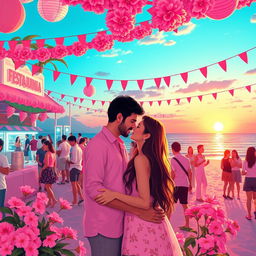 A vibrant and festive scene depicting a university party celebrating Festa Junina at a beach