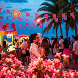 A vibrant and festive scene depicting a university party celebrating Festa Junina at a beach