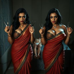 A dramatic interrogation torture room scene featuring two South Asian mistresses adorned in exquisite sarees that showcase their cleavage and emphasize their curvy busty figures