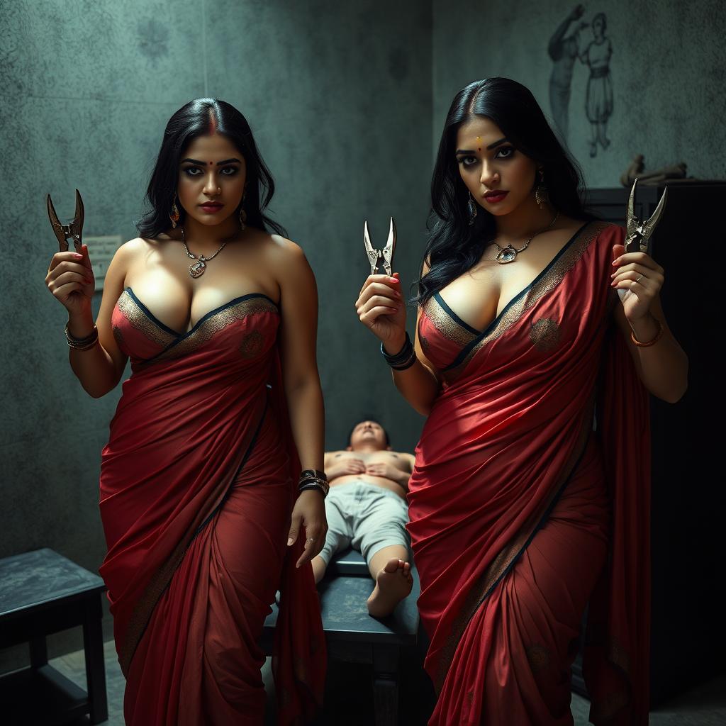 A dramatic interrogation torture room scene featuring two South Asian mistresses adorned in exquisite sarees that showcase their cleavage and emphasize their curvy busty figures