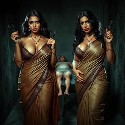 A dramatic interrogation torture room scene featuring two South Asian mistresses adorned in exquisite sarees that showcase their cleavage and emphasize their curvy busty figures