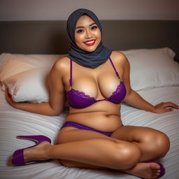 A beautiful Chinese woman in a hijab, with braces on her teeth, featuring a curvy and fuller figure