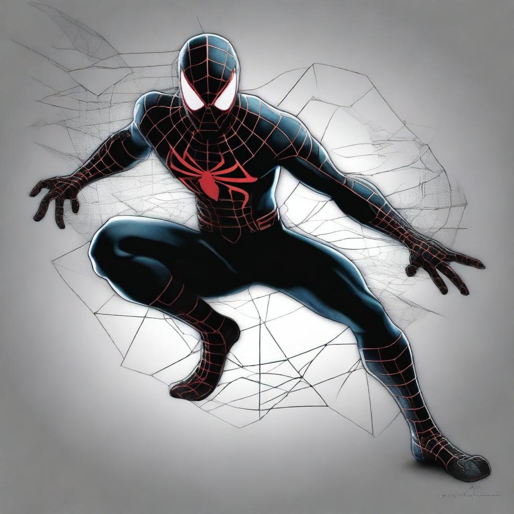 A high-quality digital art piece featuring Spiderman in a black ninja-inspired costume