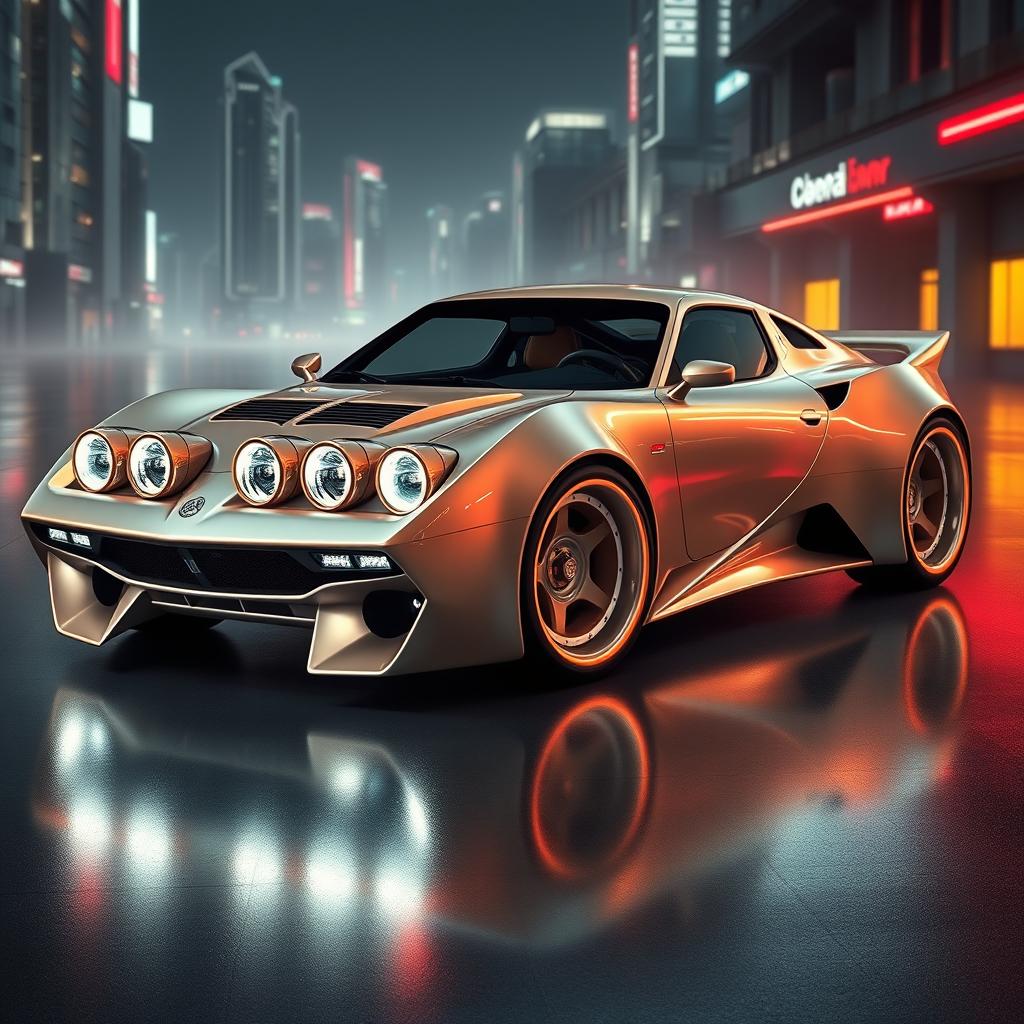 A captivating image of a futuristic Italian Lancia Stratos, envisioned as a mid-engine concept car designed by the renowned Bertone