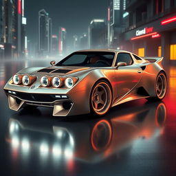 A captivating image of a futuristic Italian Lancia Stratos, envisioned as a mid-engine concept car designed by the renowned Bertone