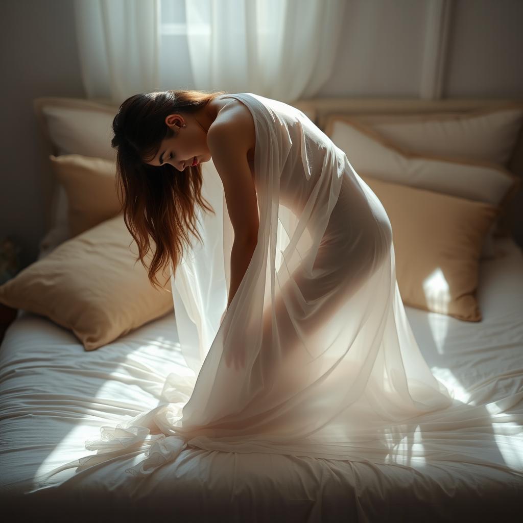 A young woman bending over gracefully, draped in a flowing, white see-through bedsheet, with soft light illuminating her figure, surrounded by a serene bedroom setting filled with soft pillows and warm colors