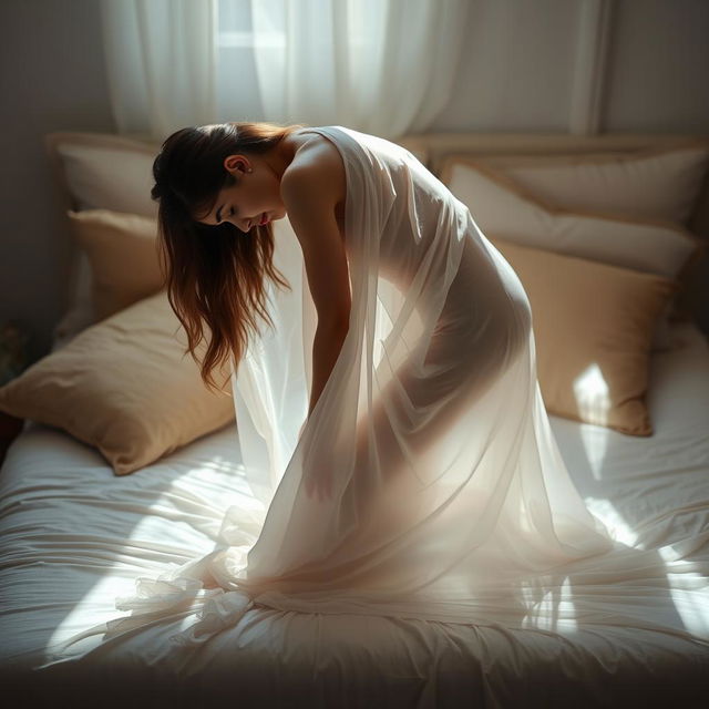 A young woman bending over gracefully, draped in a flowing, white see-through bedsheet, with soft light illuminating her figure, surrounded by a serene bedroom setting filled with soft pillows and warm colors