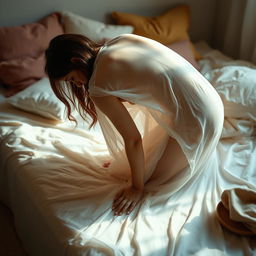 A young woman bending over gracefully, draped in a flowing, white see-through bedsheet, with soft light illuminating her figure, surrounded by a serene bedroom setting filled with soft pillows and warm colors