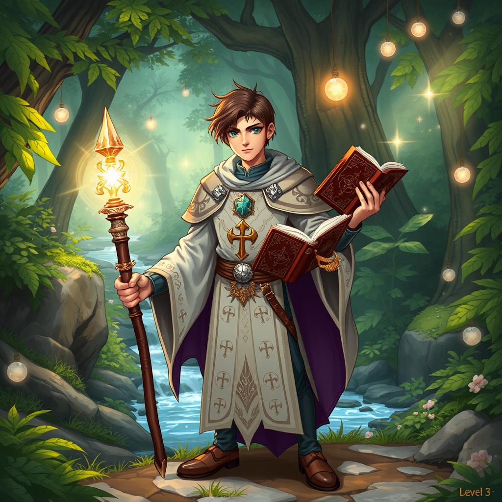 A fantasy-themed illustration of a level 3 human cleric, standing in a mystical forest