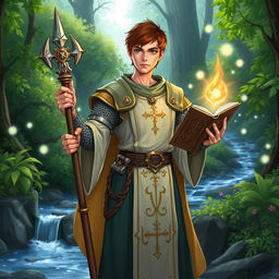 A fantasy-themed illustration of a level 3 human cleric, standing in a mystical forest