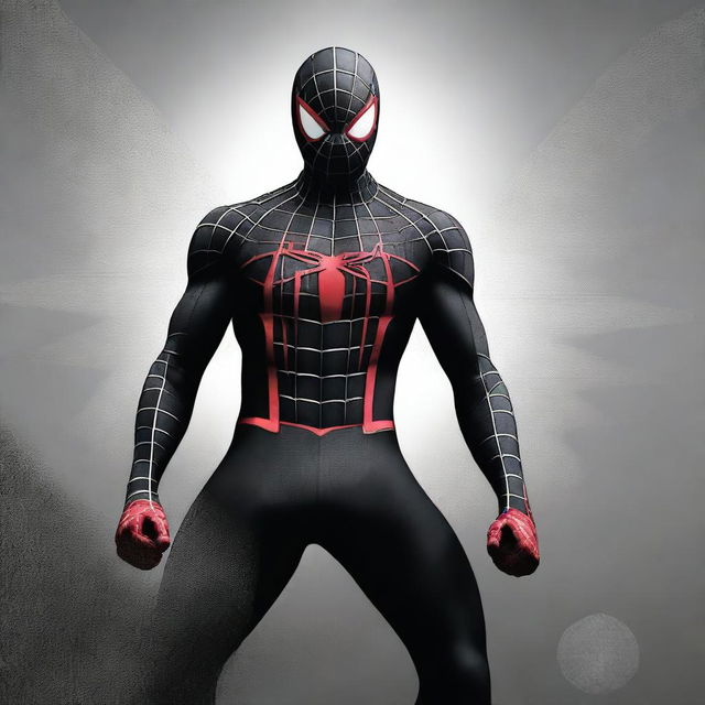 A high-quality digital art piece featuring Spiderman in a black ninja-inspired costume