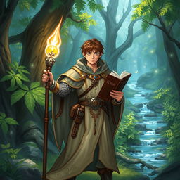 A fantasy-themed illustration of a level 3 human cleric, standing in a mystical forest