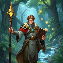 A fantasy-themed illustration of a level 3 human cleric, standing in a mystical forest