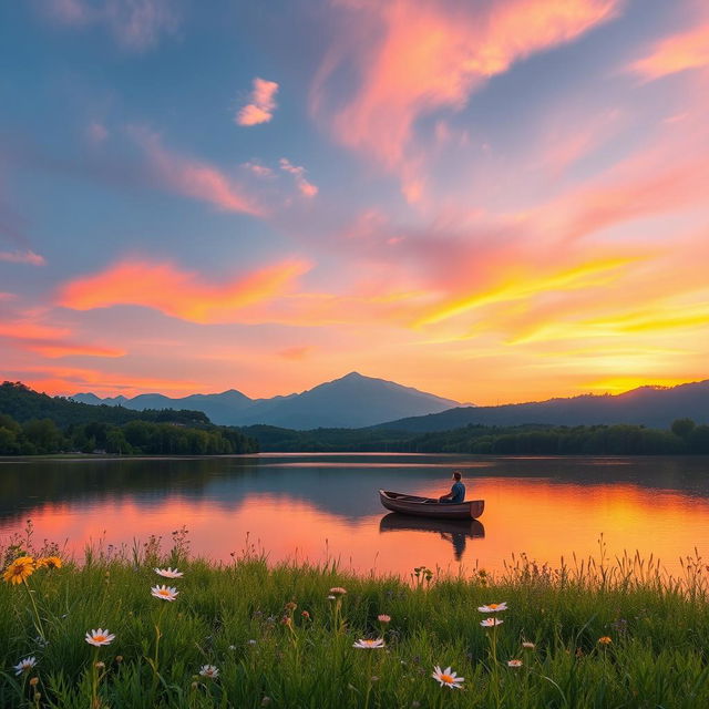 A serene landscape featuring a vast, tranquil lake surrounded by lush green forests and distant mountains