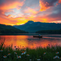A serene landscape featuring a vast, tranquil lake surrounded by lush green forests and distant mountains