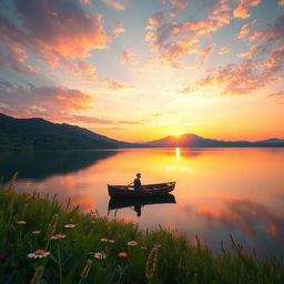 A serene landscape featuring a vast, tranquil lake surrounded by lush green forests and distant mountains