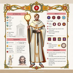 A detailed character sheet for a level 3 human cleric, showcasing attributes, skills, spells, and equipment