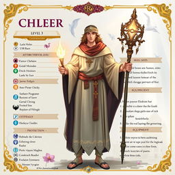 A detailed character sheet for a level 3 human cleric, showcasing attributes, skills, spells, and equipment