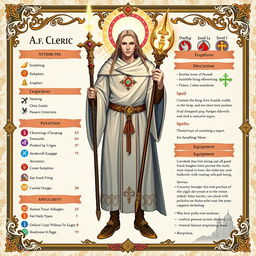 A detailed character sheet for a level 3 human cleric, showcasing attributes, skills, spells, and equipment